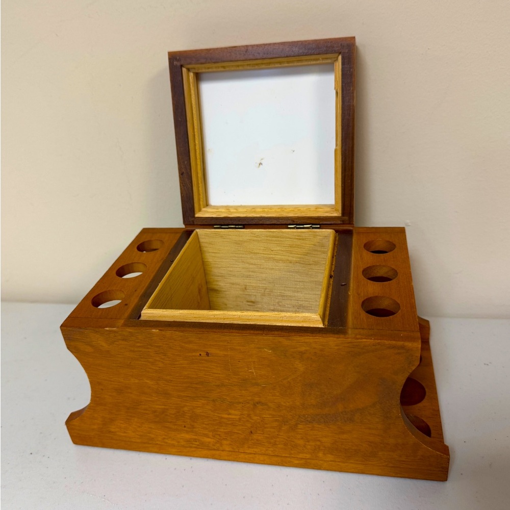 VINTAGE Genuine American Walnut Wooden 6 Pipe Box Rack Stand and Humidor